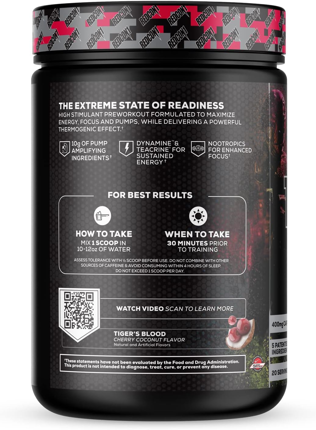 REDCON1 Total War Black Ops Preworkout, Tigers Blood, 400mg Caffeine (20 Servings)