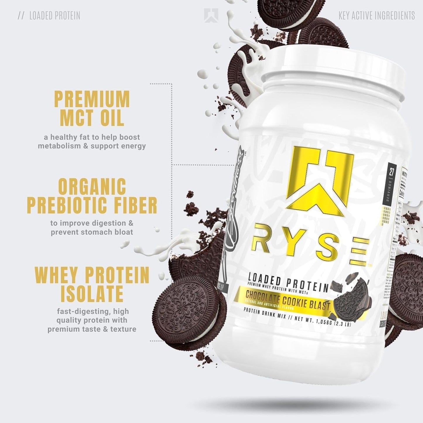 Ryse Loaded Protein Powder with Prebiotic Fiber & MCTs, Low Carb & Sugar (Chocolate Cookie Blast, 27 Servings)