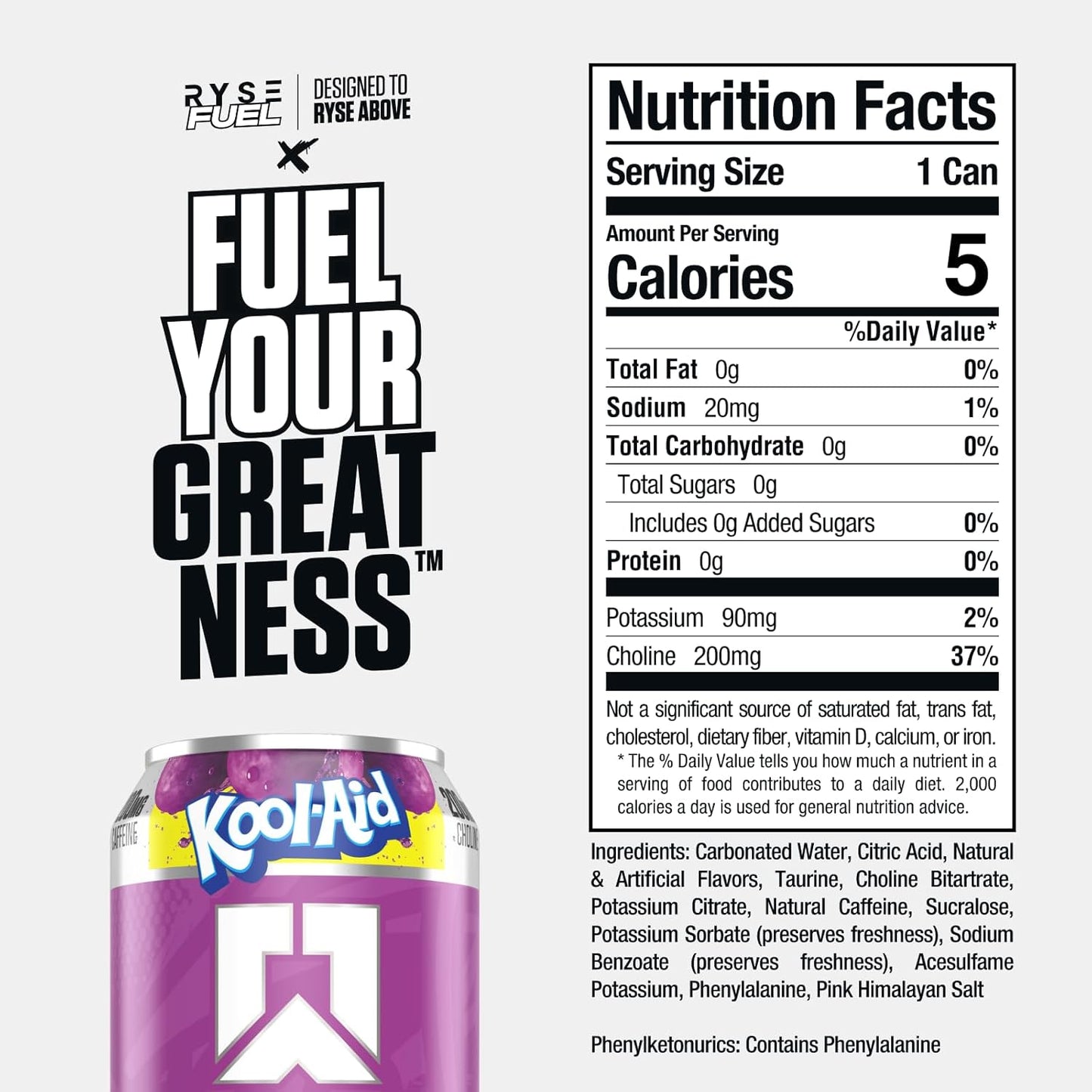 RYSE Fuel Sugar-Free Energy Drink, Vegan & Gluten-Free (12 Pack, Kool Aid Grape)