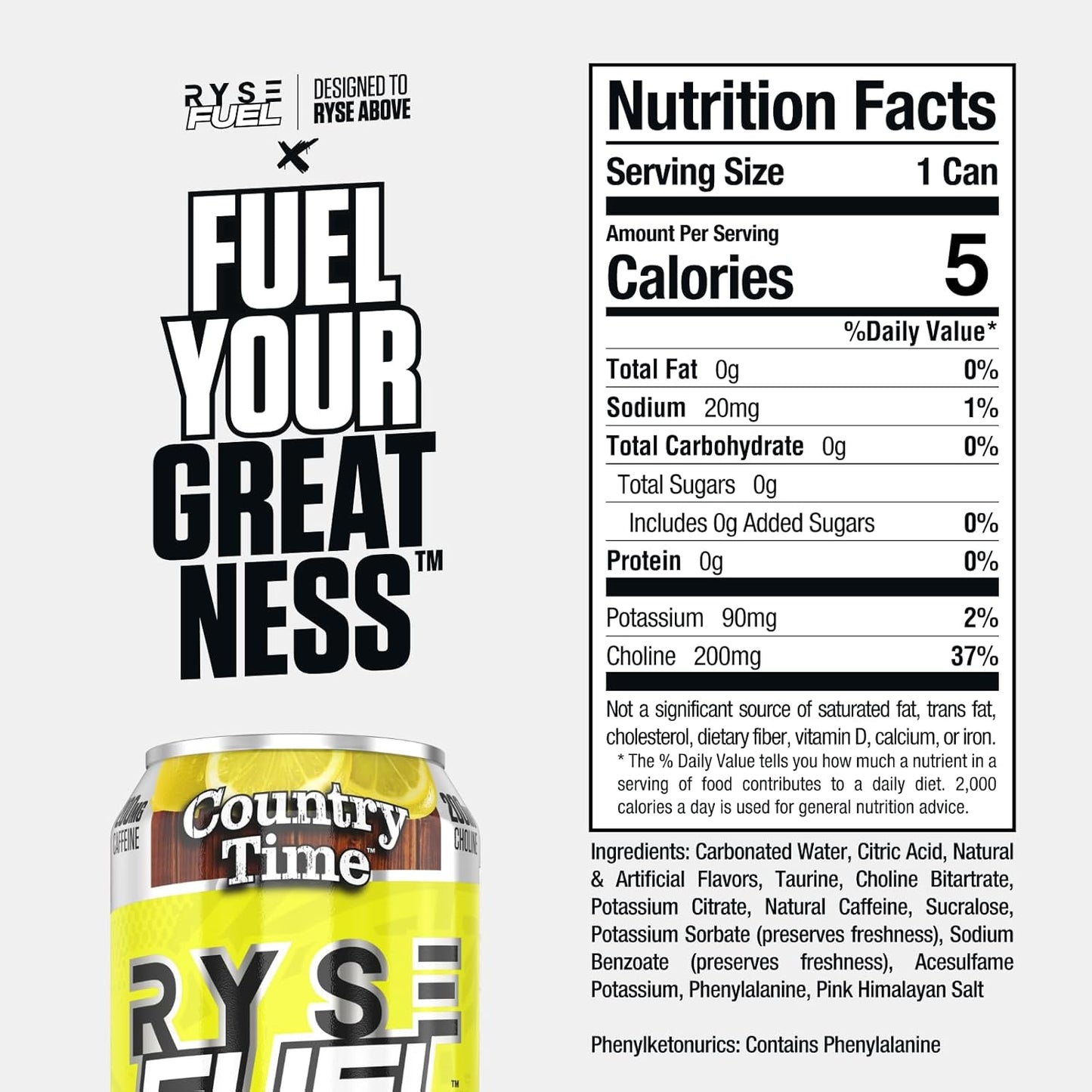 RYSE Fuel Energy Drink, Sugar-Free, Vegan, Gluten-Free, Low Calorie, No Artificial Colors (12 Pack, Country Time Lemonade)