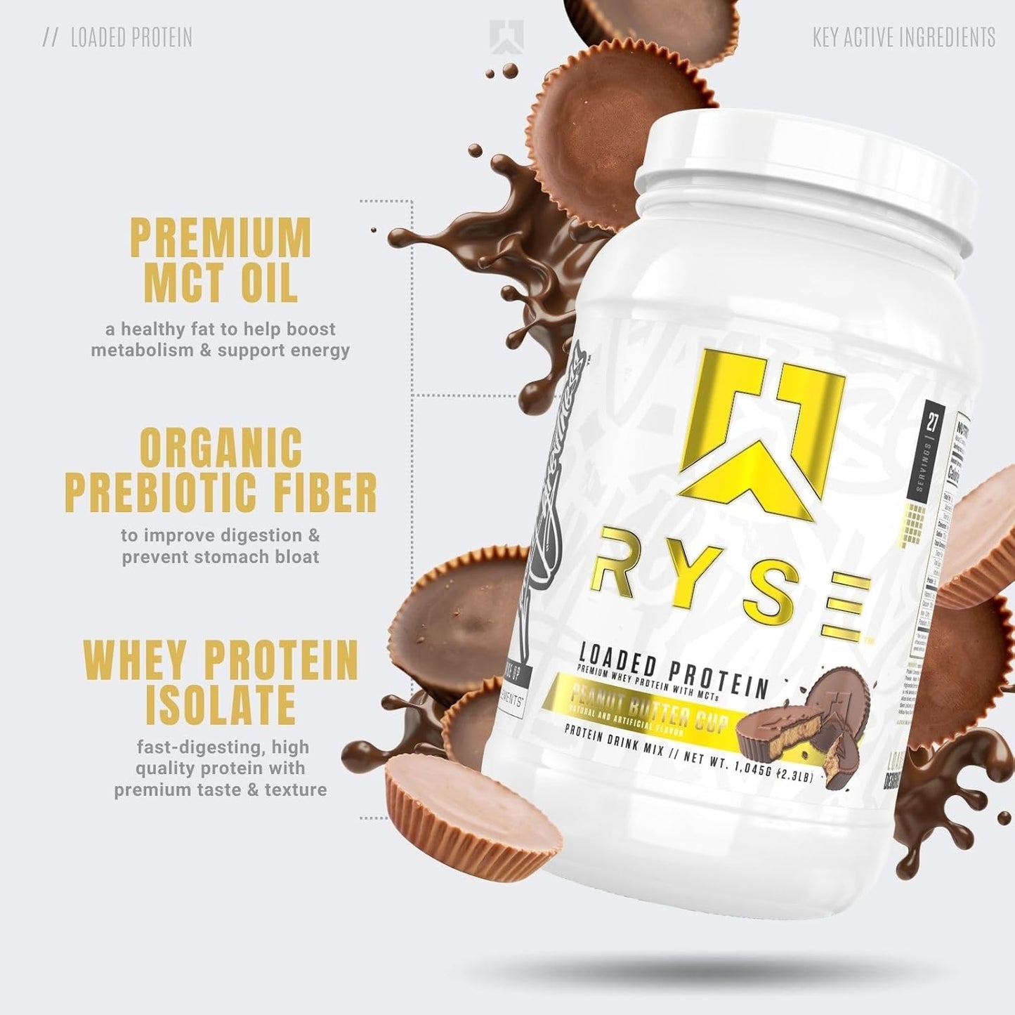 Ryse Loaded Protein Powder with Prebiotic Fiber & MCTs, Low Carb & Sugar (Peanut Butter Cup, 27 Servings)