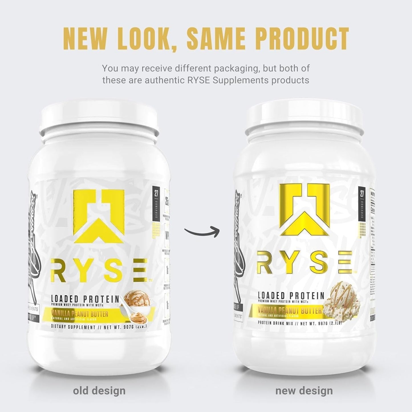 Ryse Loaded Protein Powder with Prebiotic Fiber & MCTs, Low Carb & Sugar - Vanilla Peanut Butter (27 Servings)