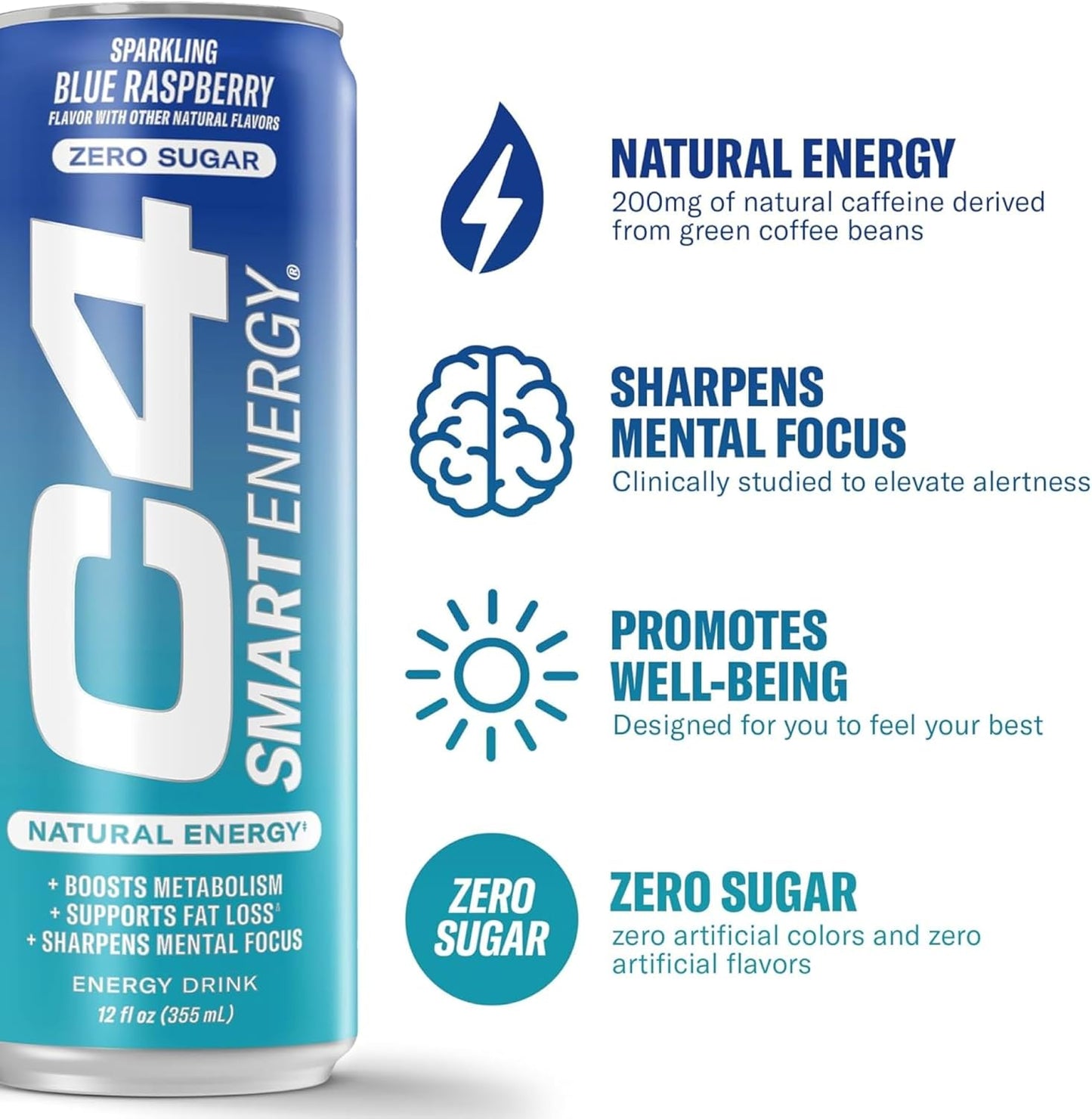 Cellucor C4 Smart Energy Drink for Focus & Energy, Zero Sugar - Blue Raspberry (12oz, Pack of 12)