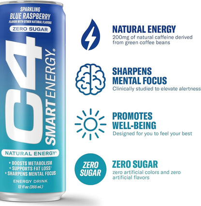Cellucor C4 Smart Energy Drink for Focus & Energy, Zero Sugar - Blue Raspberry (12oz, Pack of 12)