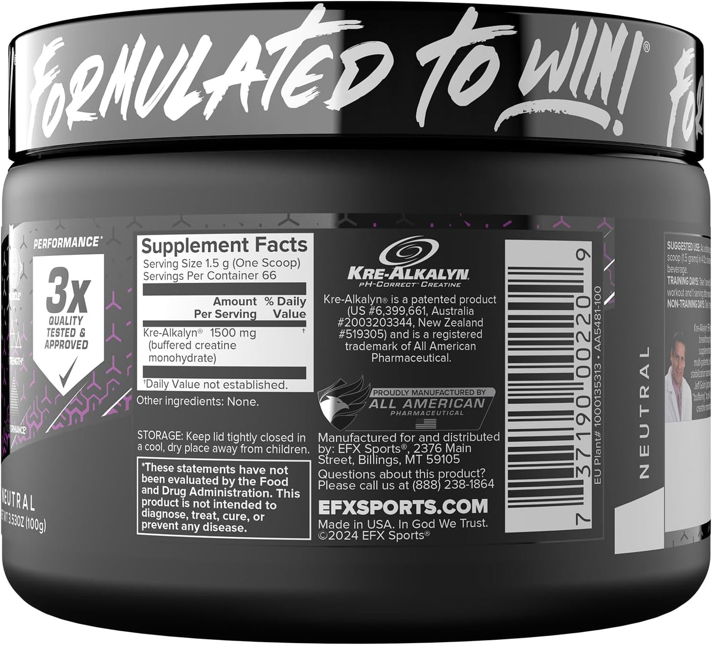 EFX Kre-Alkalyn Creatine Powder for Strength & Muscle Growth (66 Servings)