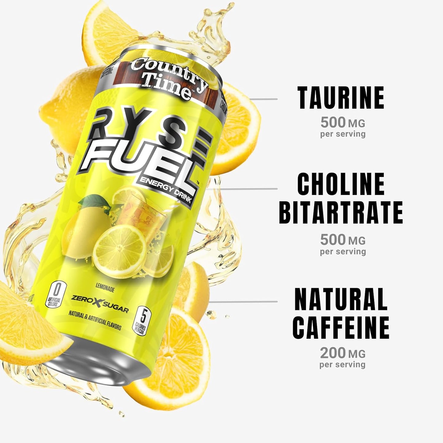 RYSE Fuel Energy Drink, Sugar-Free, Vegan, Gluten-Free, Low Calorie, No Artificial Colors (12 Pack, Country Time Lemonade)