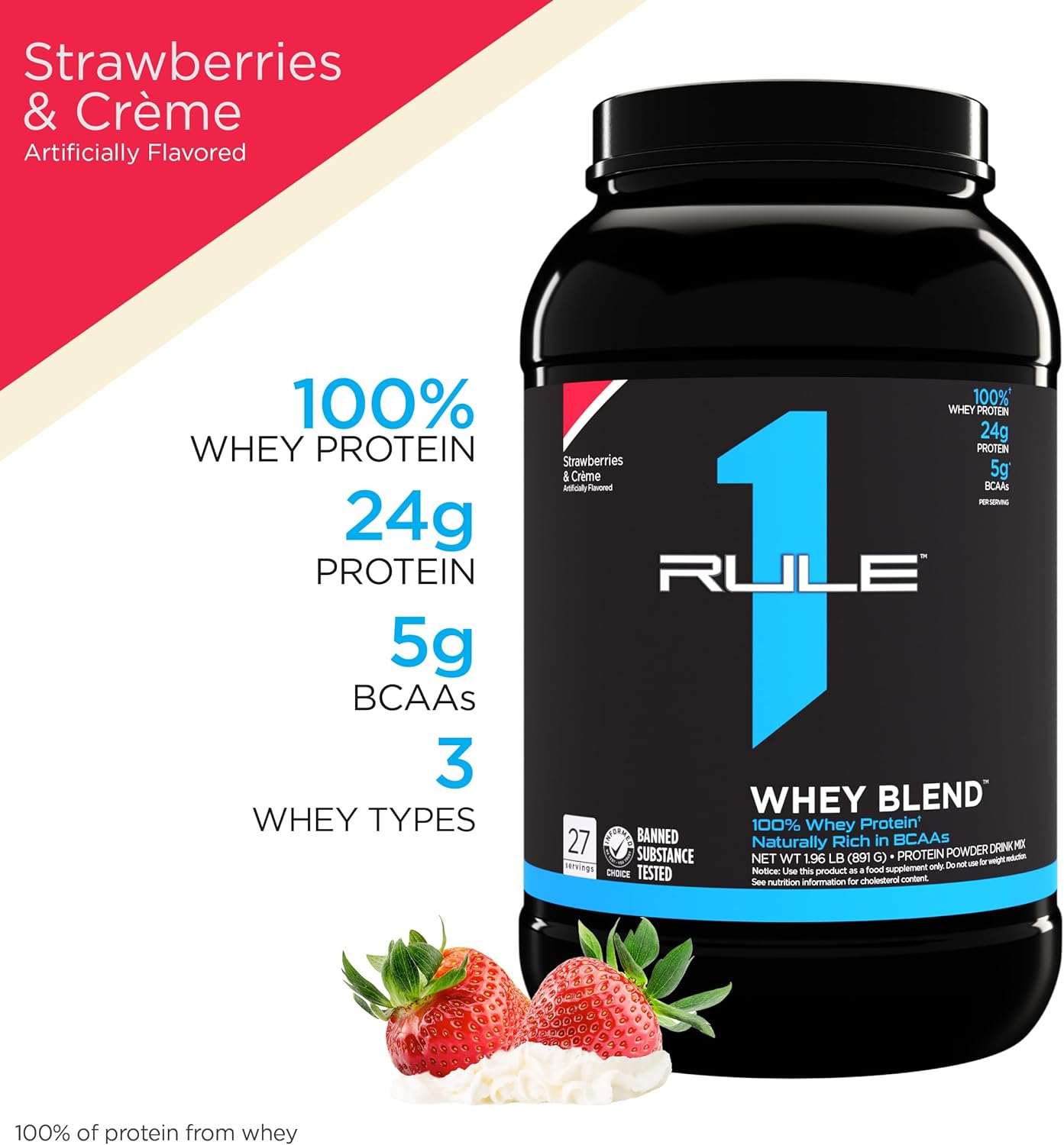 Rule One Proteins Whey Blend, Strawberries & Crème, 24g Protein (2lbs)