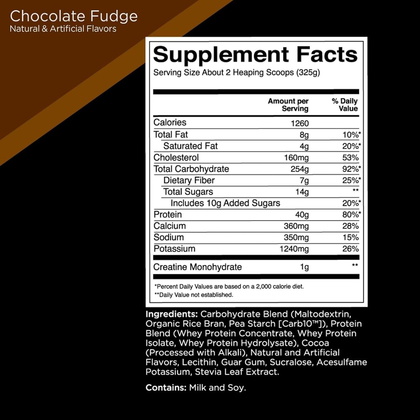 Rule One Mass Gainer - Chocolate Fudge, 1220 Cal, 40g Protein (6 lbs, 8 Servings)