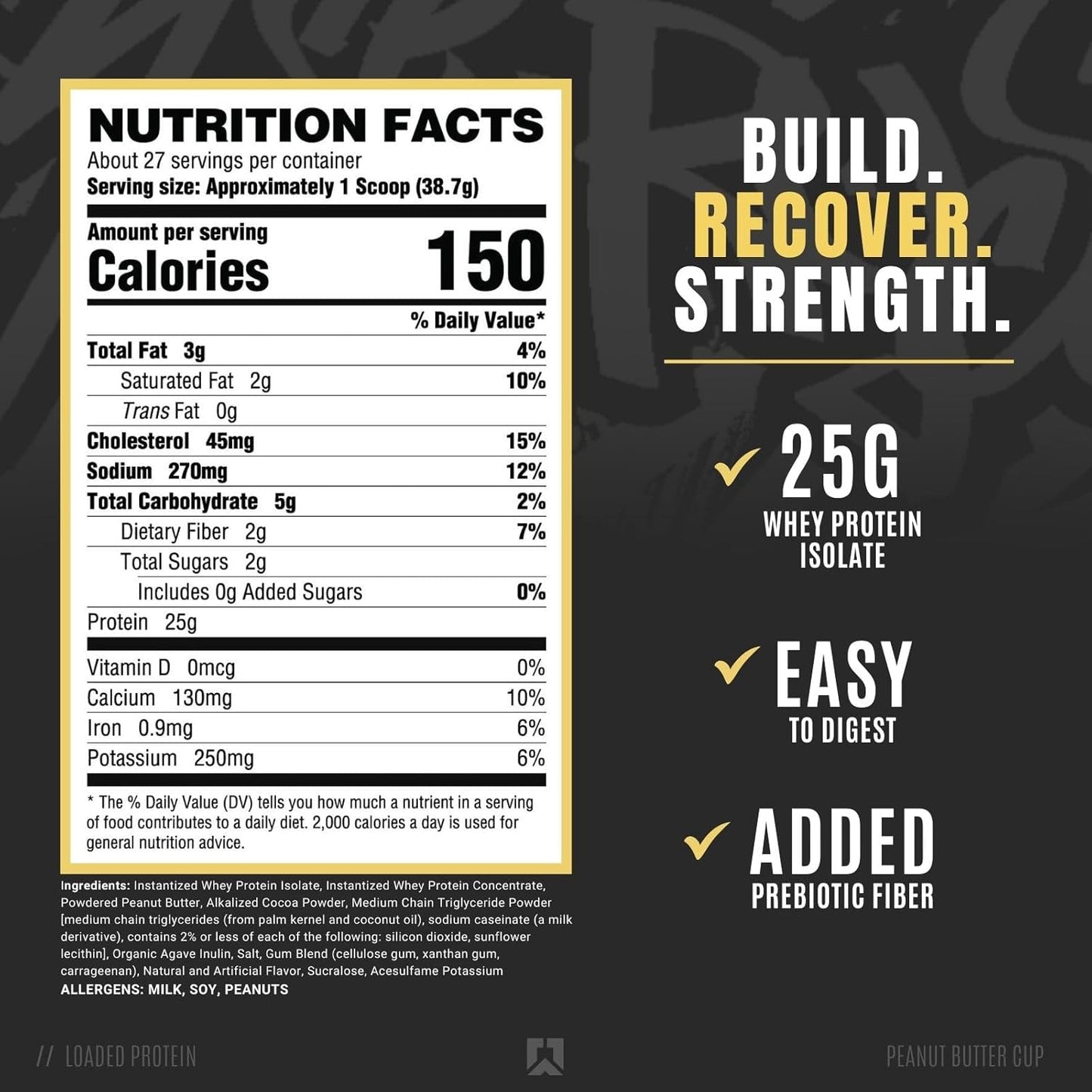 Ryse Loaded Protein Powder with Prebiotic Fiber & MCTs, Low Carb & Sugar (Peanut Butter Cup, 27 Servings)
