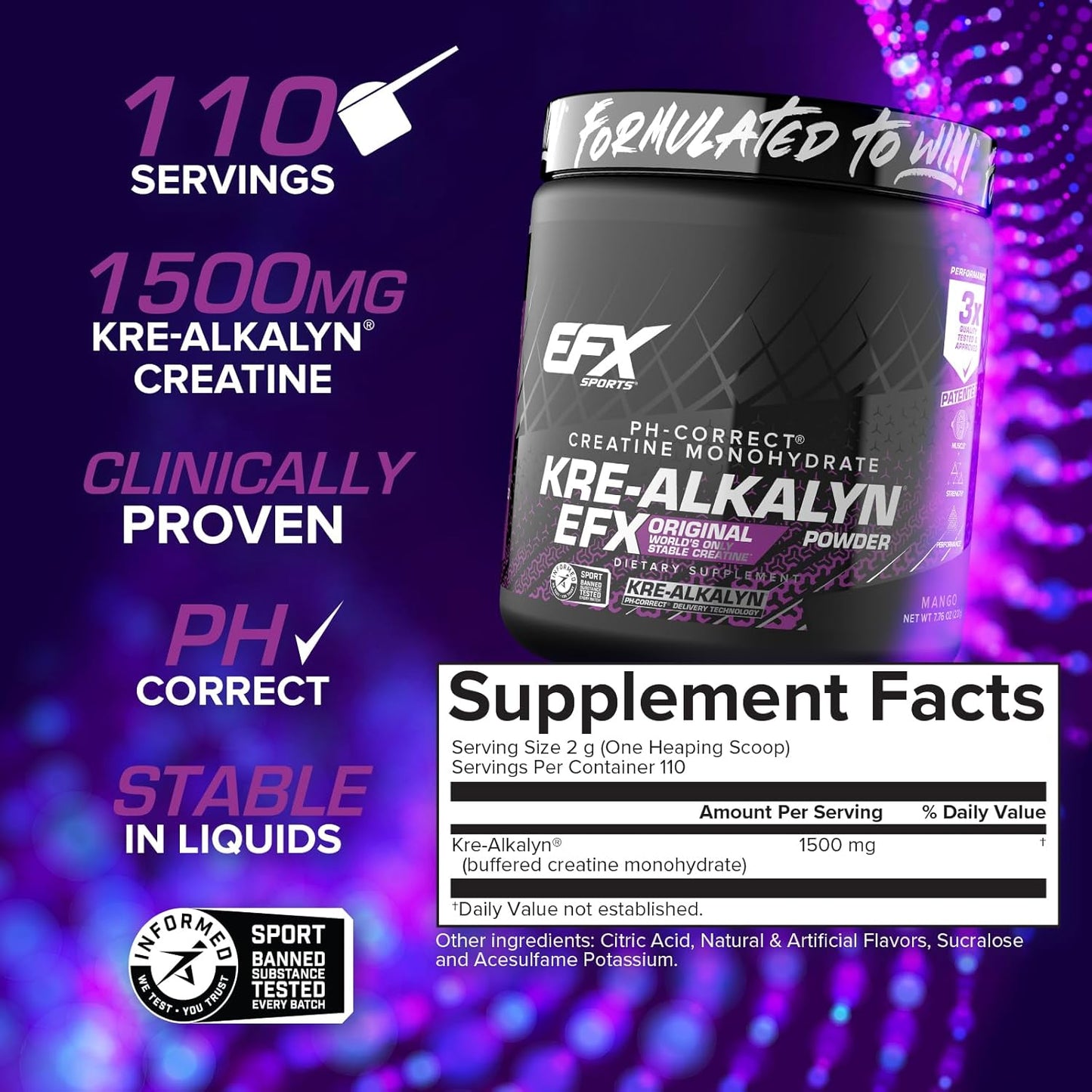 EFX Sports Kre-Alkalyn Creatine Powder for Strength & Performance (Mango, 110 Servings)