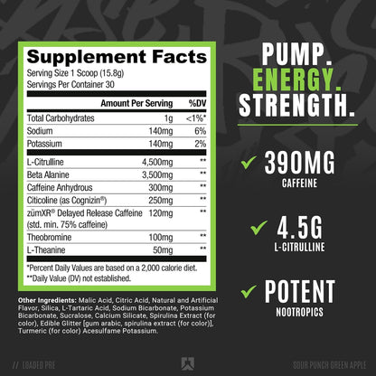 Ryse Pre-Workout Powder for Men & Women with Pumps, Energy, Focus (30 Servings, Sour Punch Green Apple)