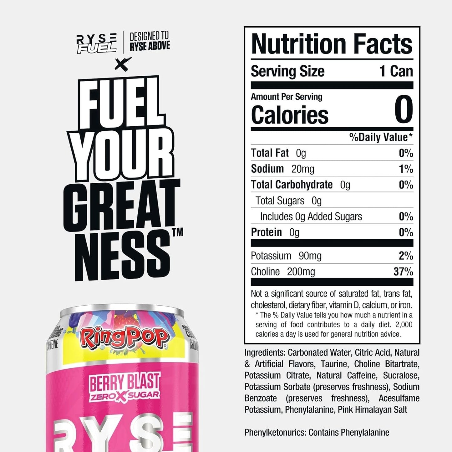 RYSE Fuel Energy Drink, Sugar-Free, Vegan, Gluten-Free, Low Calorie, No Artificial Colors (Ring Pop Berry Blast, 12 Pack, 200mg Caffeine)