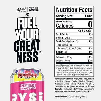 RYSE Fuel Energy Drink, Sugar-Free, Vegan, Gluten-Free, Low Calorie, No Artificial Colors (Ring Pop Berry Blast, 12 Pack, 200mg Caffeine)