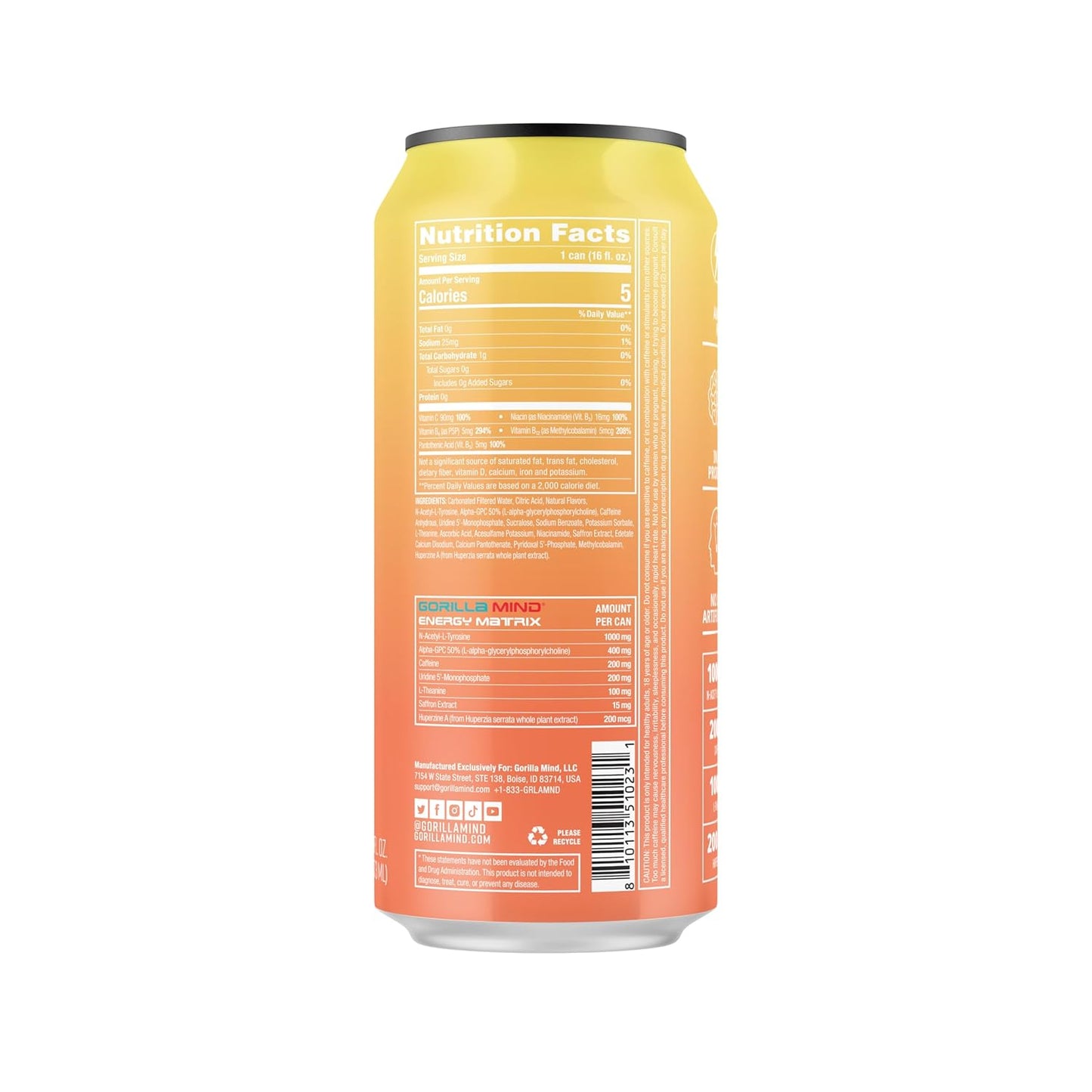 Gorilla Mind Energy Drink for Enhanced Focus, Zero Sugar (Tropic Storm, 16oz, 12-Pack)