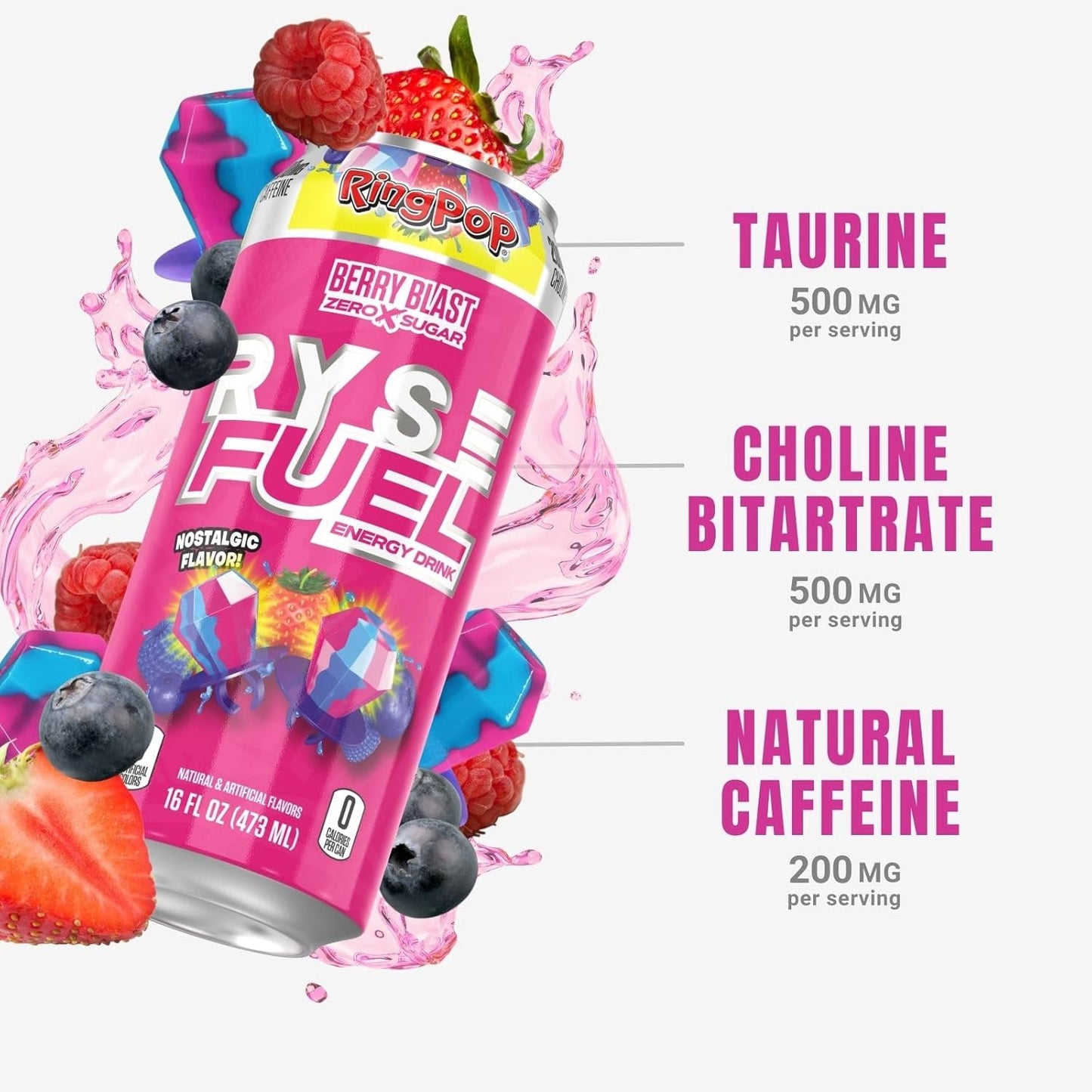 RYSE Fuel Energy Drink, Sugar-Free, Vegan, Gluten-Free, Low Calorie, No Artificial Colors (Ring Pop Berry Blast, 12 Pack, 200mg Caffeine)
