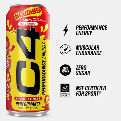 Cellucor C4 Starburst Cherry Energy Drink, Zero Sugar, 200mg Caffeine (16 Fl Oz, 12 Pack)