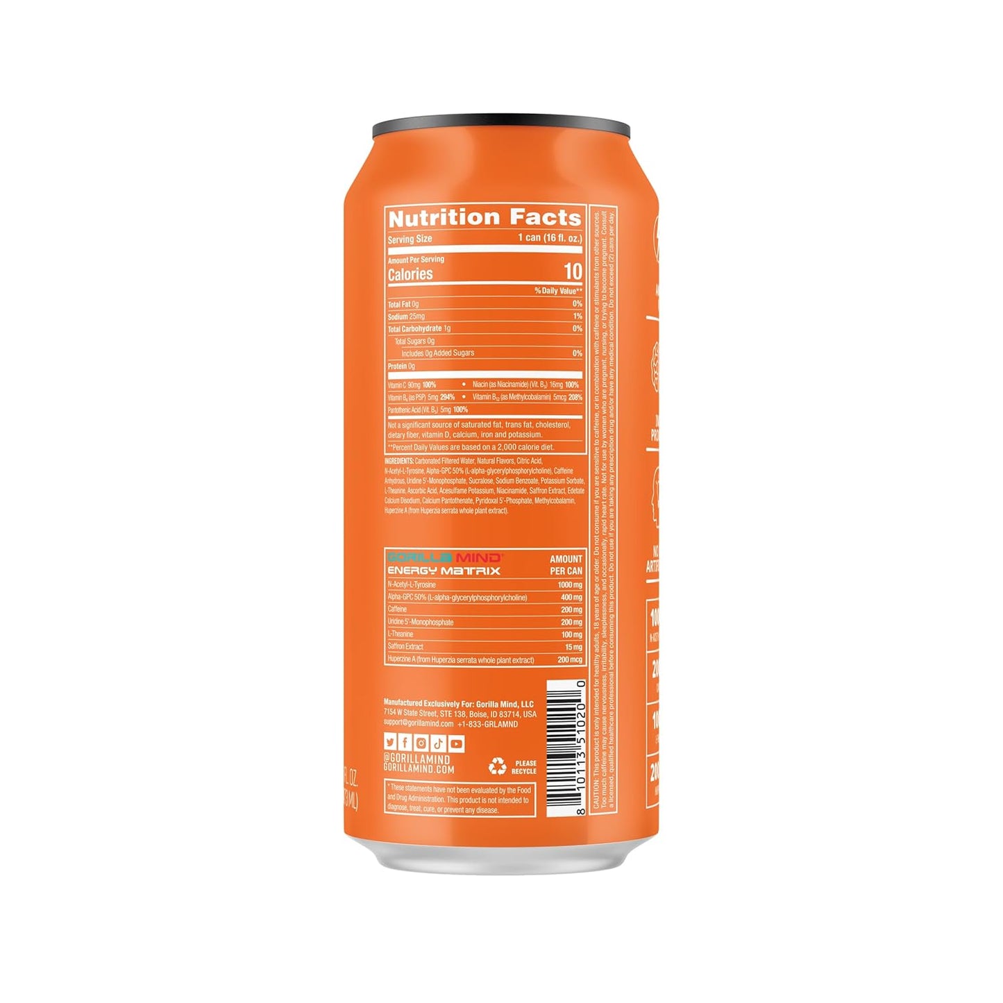 Gorilla Mind Energy Drink, Amplified Focus, Zero Sugar, 16oz (12-Pack, Orange Rush)