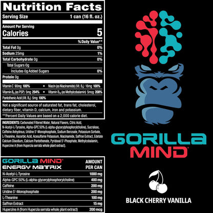 Gorilla Mind Energy Drink with Amplified Focus, Zero Sugar (Black Cherry Vanilla, 16oz, 12-Pack)