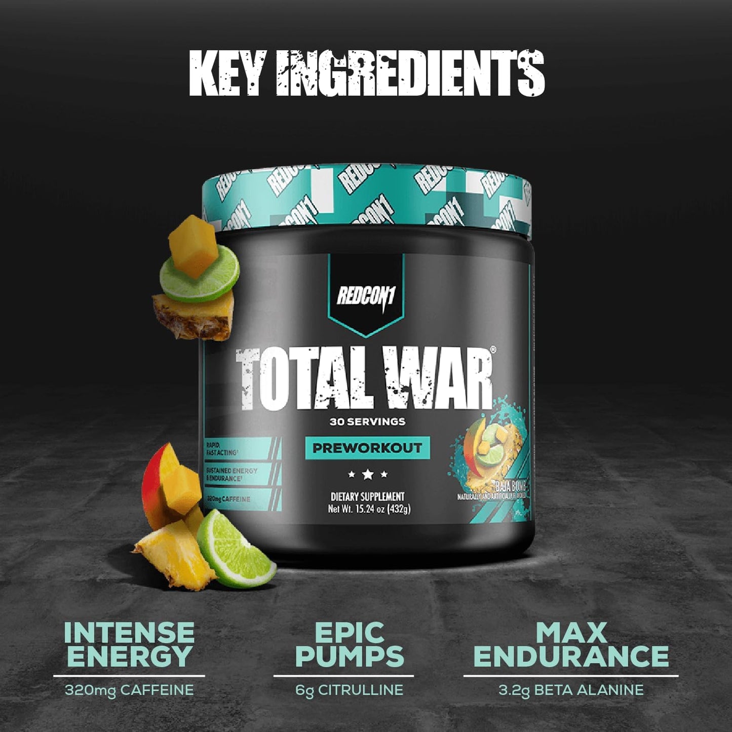 REDCON1 Total War Pre Workout, Baja Bomb - 320mg Caffeine, Keto (30 Servings)