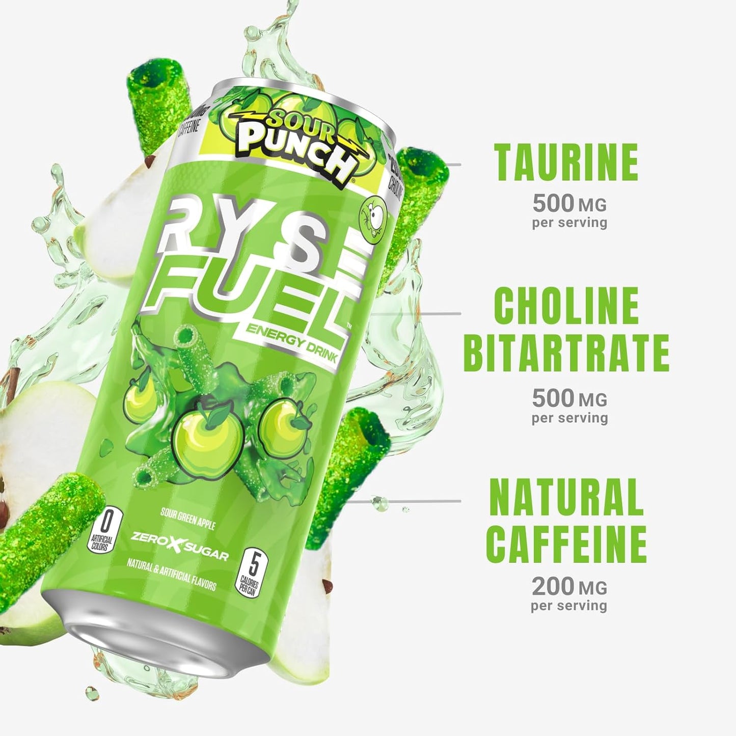 RYSE Fuel Sugar-Free Energy Drink, Vegan, Gluten-Free, Low Calorie, No Artificial Colors (Sour Punch Green Apple, 12 Pack)