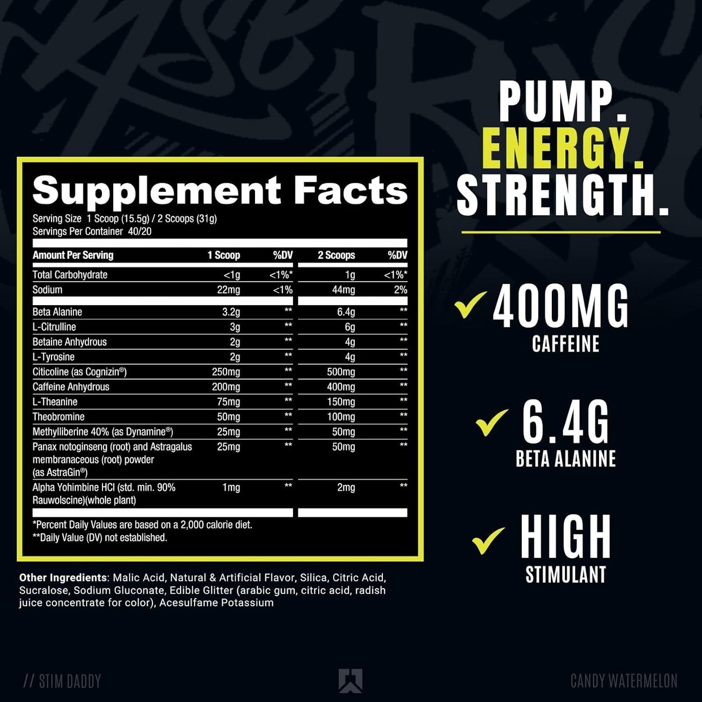 RYSE Stim Daddy High Stimulant Pre Workout, 400mg Caffeine (40 Servings, Candy Watermelon)