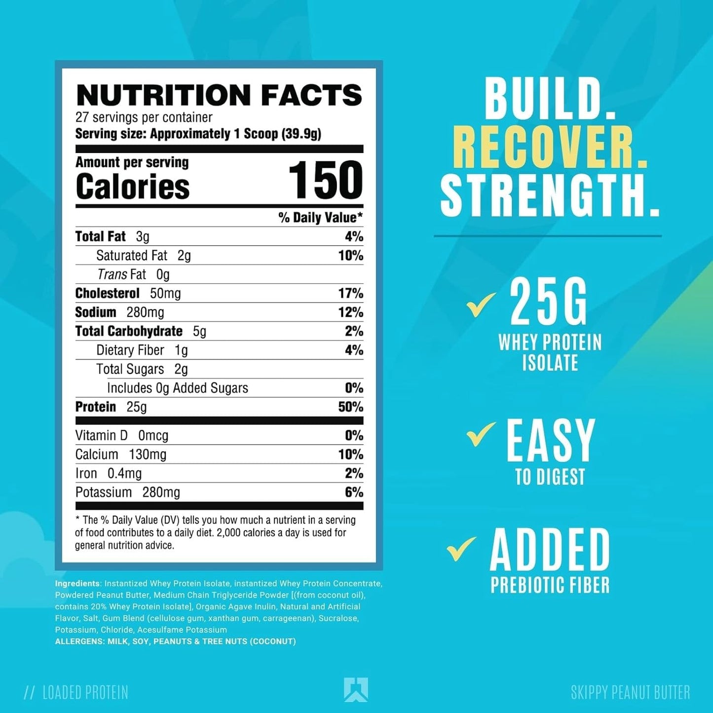 Ryse Loaded Protein Powder with Prebiotic Fiber & MCTs, Low Carbs & Sugar (27 Servings, Skippy Peanut Butter)