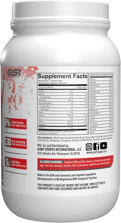 Giant Sports 100% Whey Protein, 24g Protein, 5g BCAAs - Chocolate (2 lb)