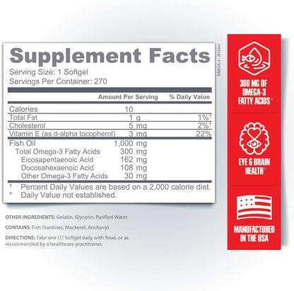 Betancourt Omega-3 Fish Oil, 300mg EPA+DHA, Heart & Brain Support (270 Softgels)