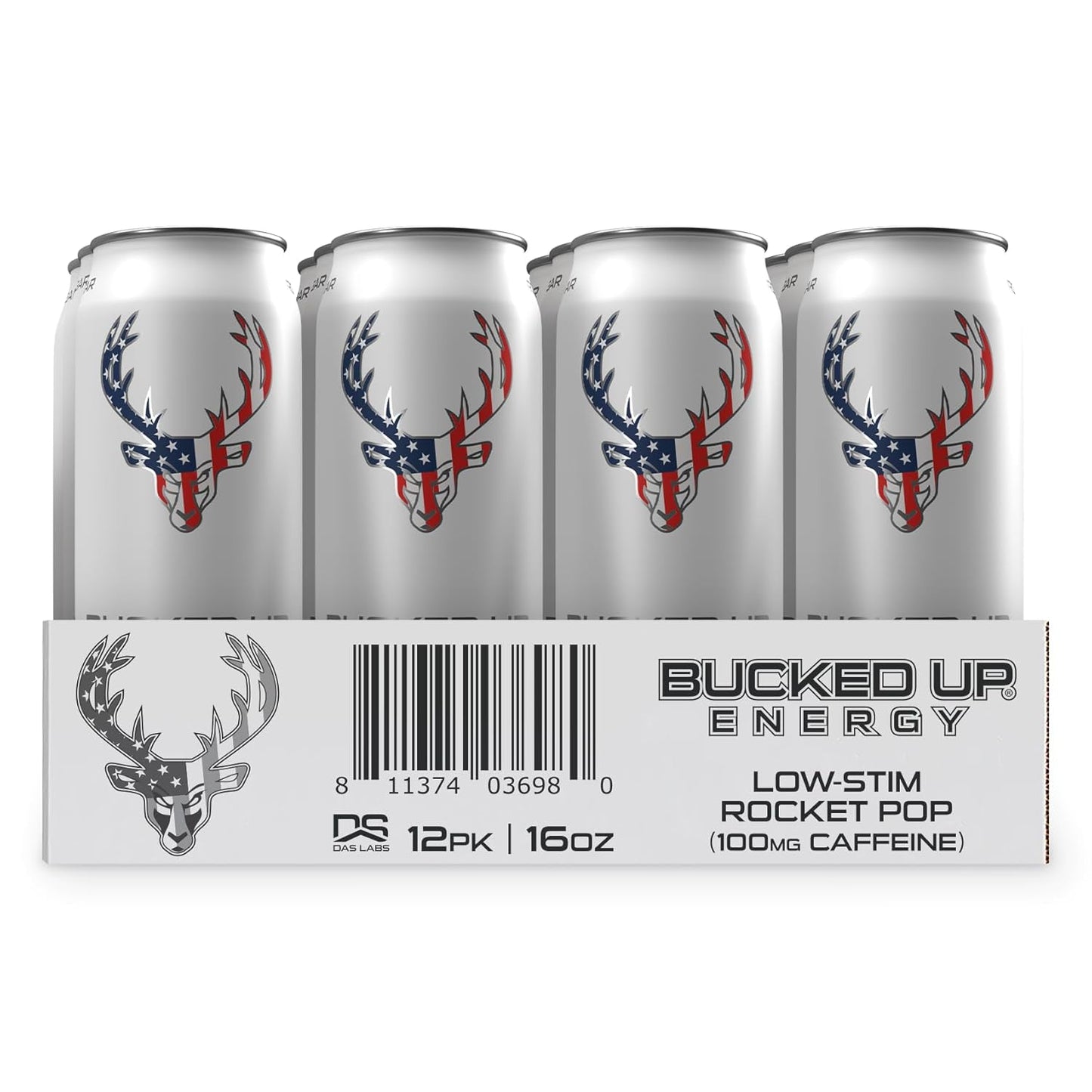 Bucked Up Low Stim Energy Drink, Zero Sugar, Rocket Pop (12 Pack, 100mg Caffeine)