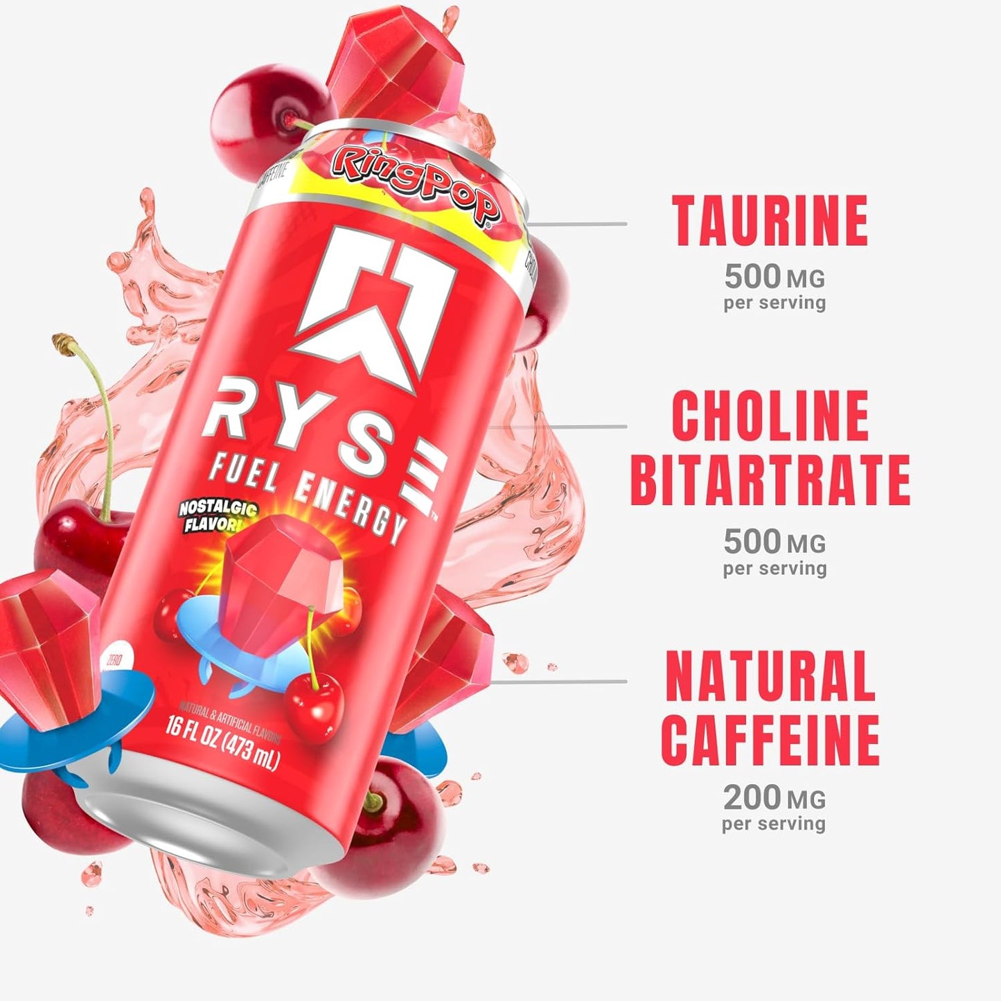 RYSE Fuel Sugar-Free Energy Drink, Vegan, 200mg Caffeine (12 Pack, Cherry)