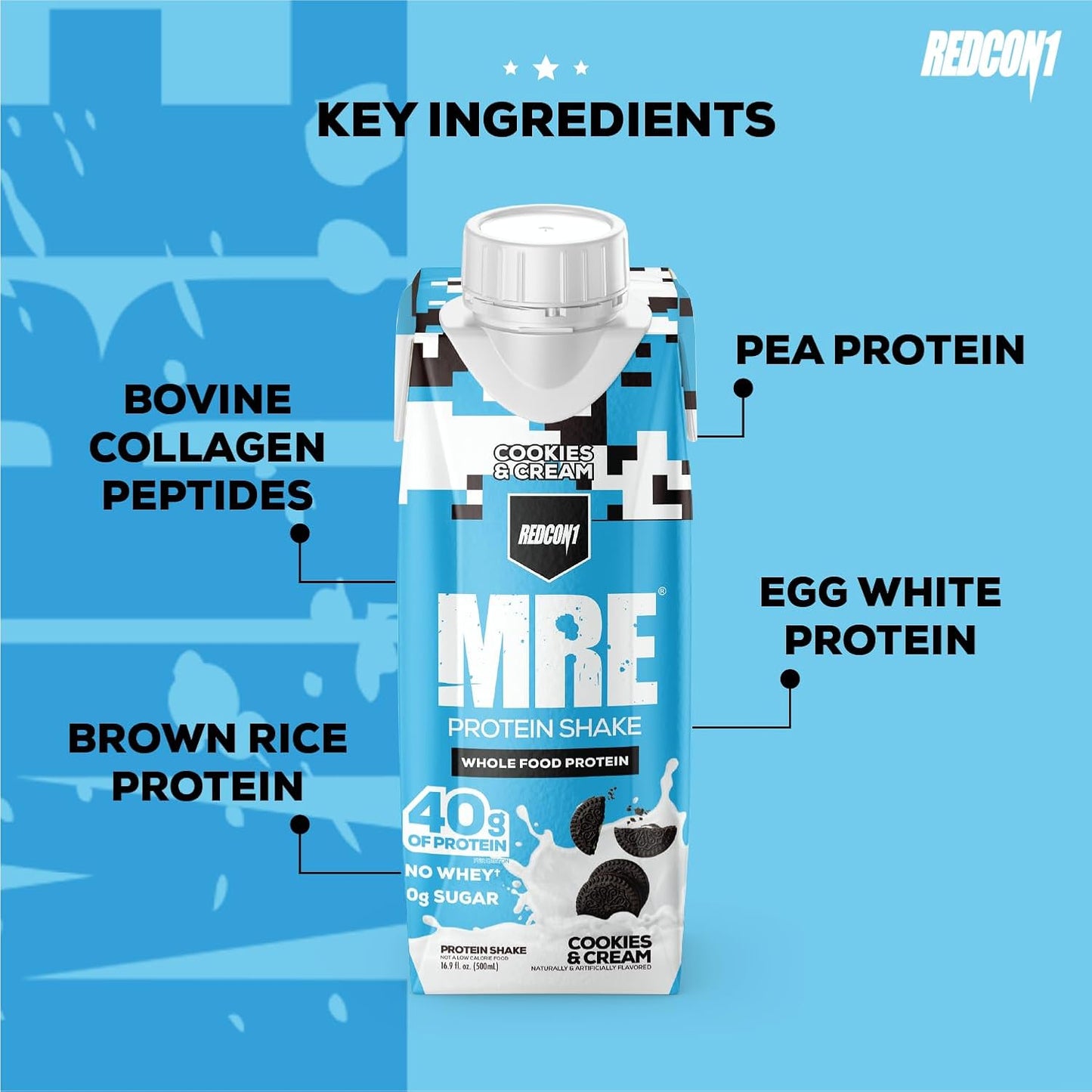 REDCON1 MRE Protein Shake, Cookies & Cream - Keto, Lactose-Free (12 Pack)