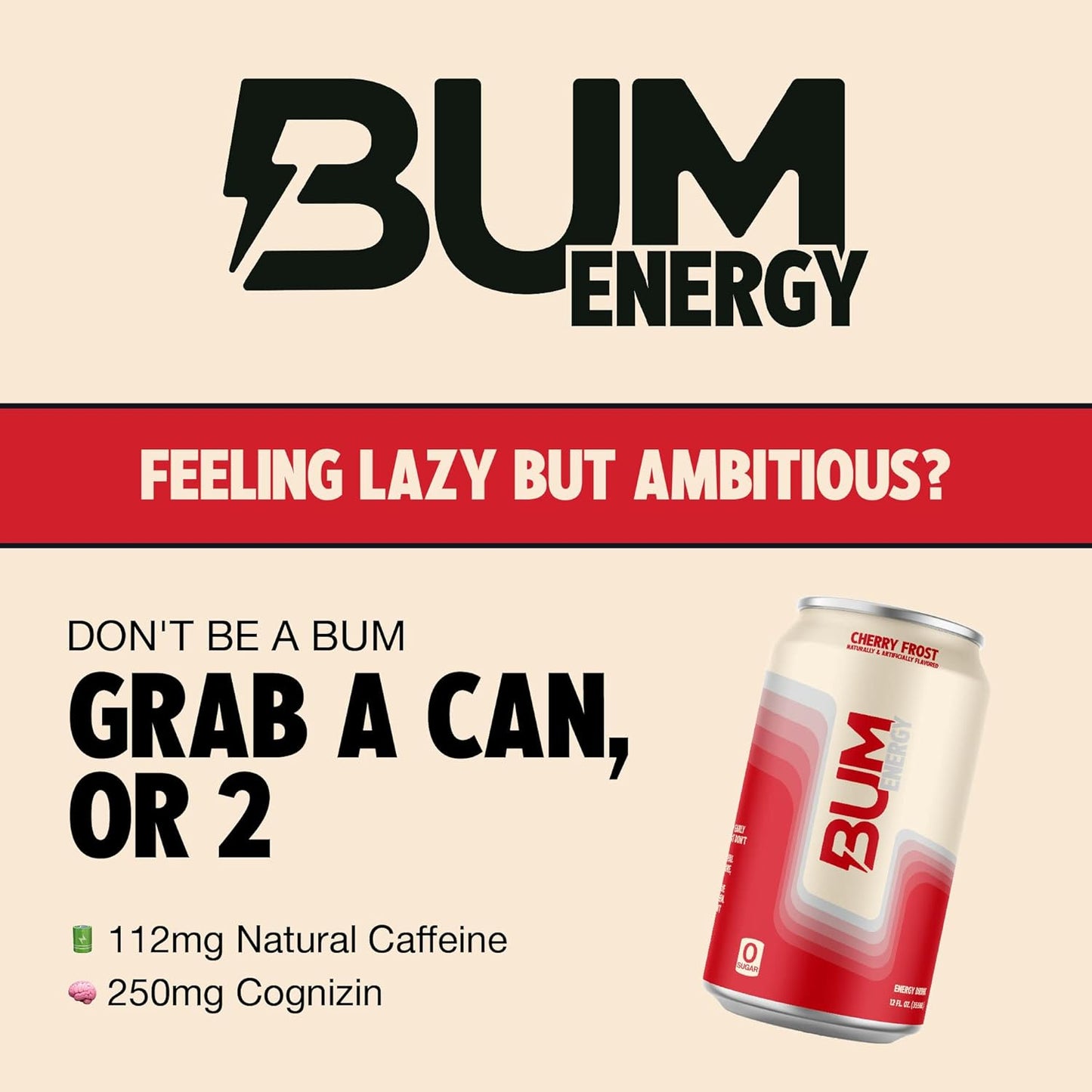BUM Cherry Frost Sugar-Free Energy Drink (12 oz, Pack of 12)