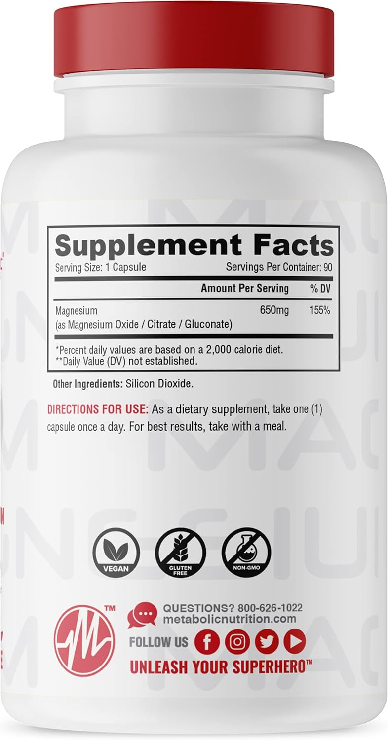 Metabolic Nutrition Magnesium 650mg, Non-GMO, Vegan, Gluten-Free (90 Caps)
