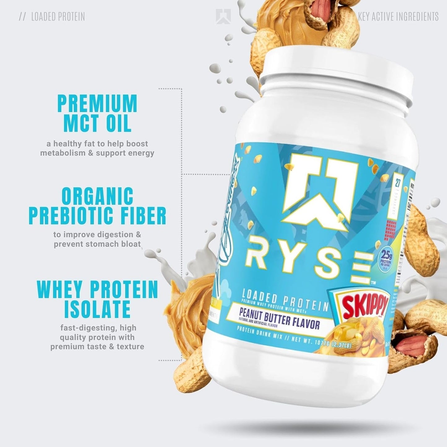 Ryse Loaded Protein Powder with Prebiotic Fiber & MCTs, Low Carbs & Sugar (27 Servings, Skippy Peanut Butter)