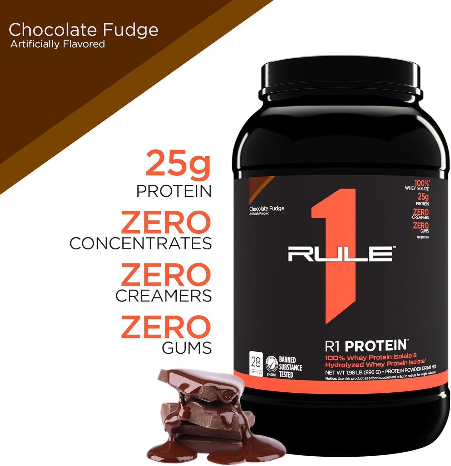 R1 Protein Powder - 25g, 100% Isolate, Hydrolysate, 6g BCAAs, Chocolate Fudge (5 Pounds)