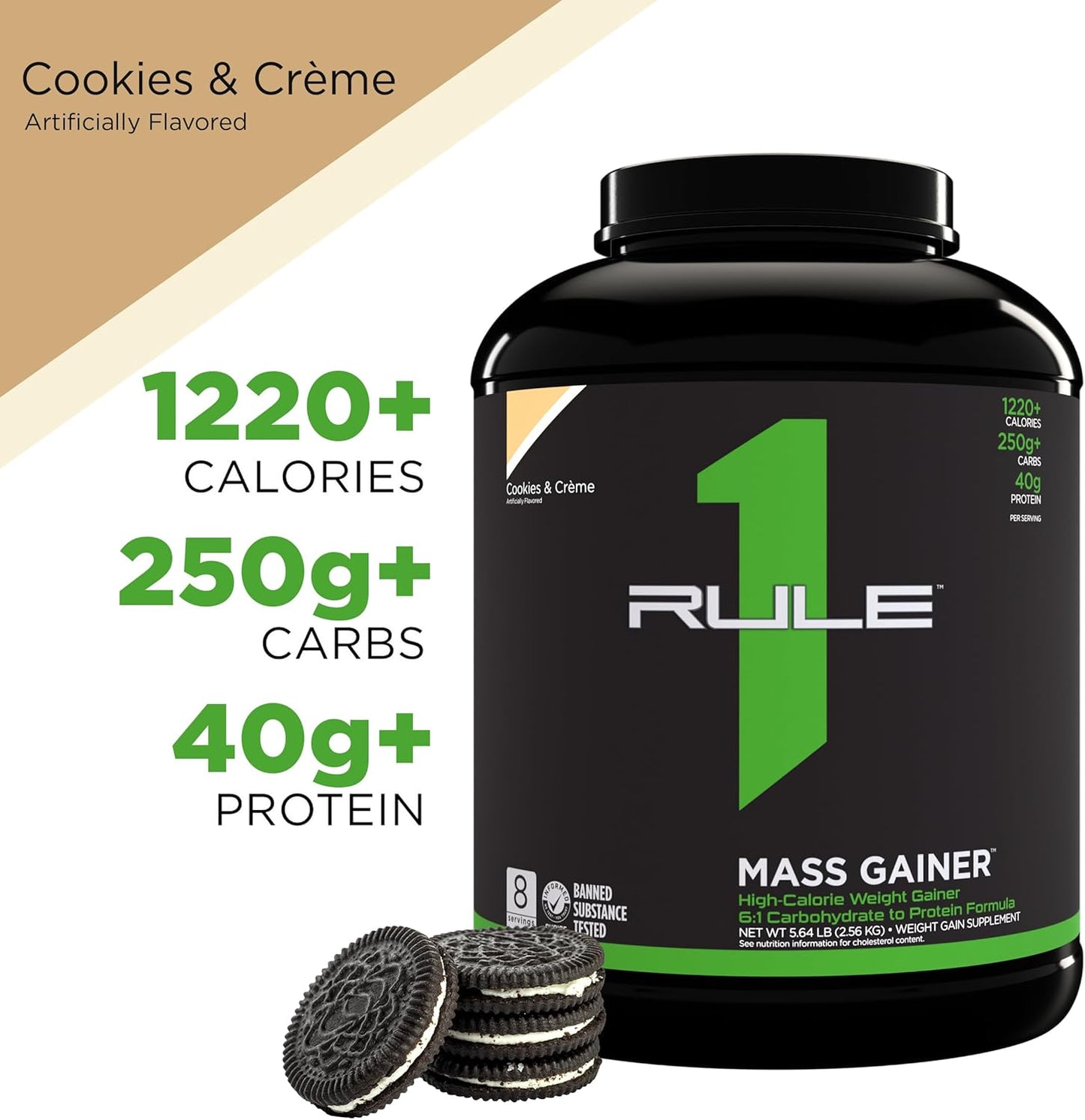 Rule One R1 Mass Gainer - Cookies & Crème, 1220+ Cal, 40g Protein (6 lbs)
