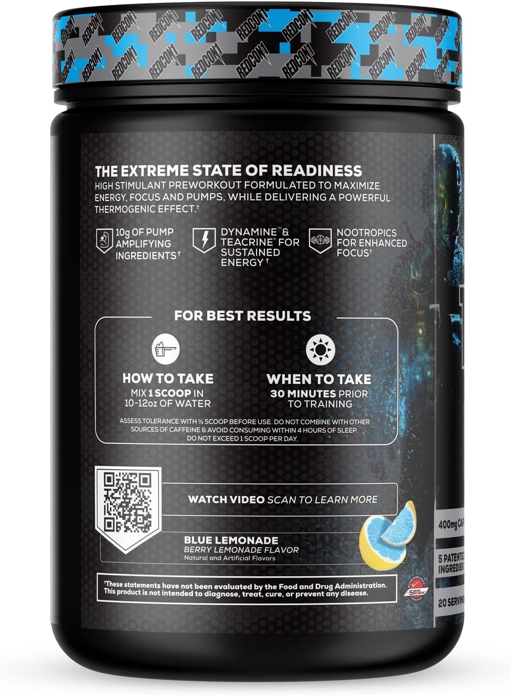 REDCON1 Total War Black Ops Preworkout, Blue Lemonade, 400mg Caffeine (20 Servings)
