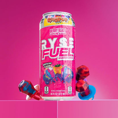 RYSE Fuel Energy Drink, Sugar-Free, Vegan, Gluten-Free, Low Calorie, No Artificial Colors (Ring Pop Berry Blast, 12 Pack, 200mg Caffeine)