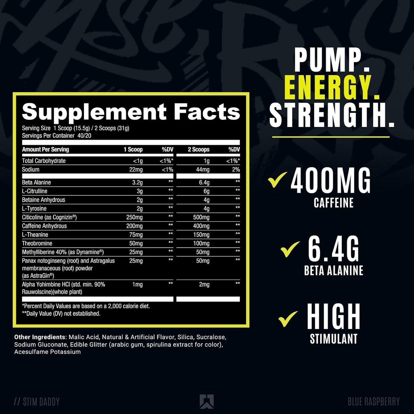 RYSE Up Stim Daddy High Stimulant Pre-Workout by Noel Deyzel (Blue Raspberry, 40 Servings)