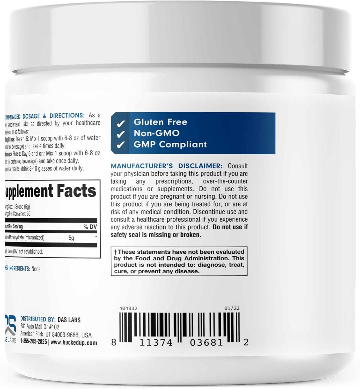 Bucked Up Micronized Creatine Monohydrate, Unflavored (50 Serv, 250g)