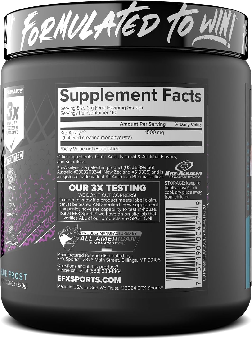 EFX Sports Kre-Alkalyn Creatine Powder for Strength & Performance (110 Servings)
