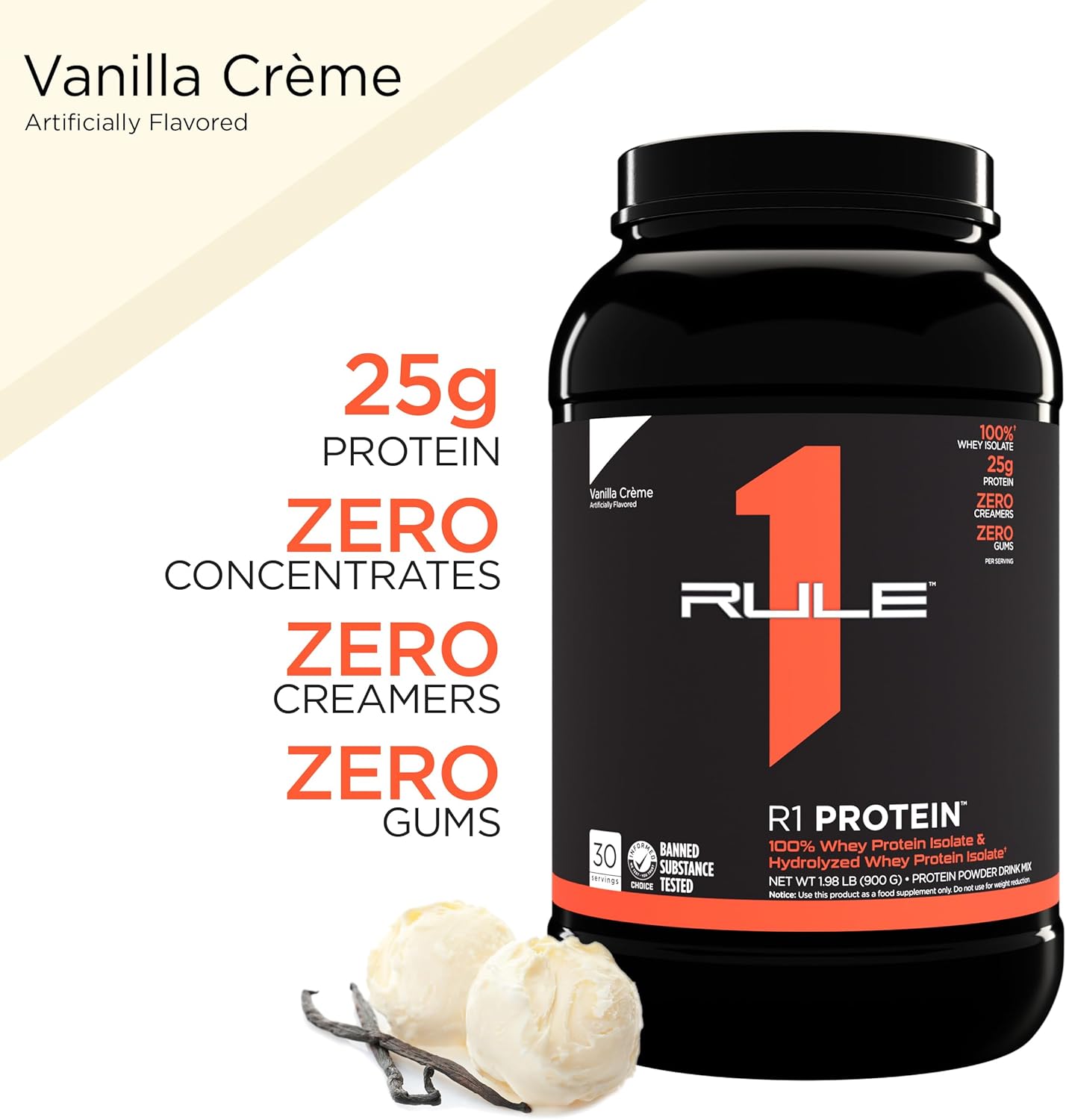 R1 Protein Powder - 25g, 100% Isolate, Hydrolysate, 6g BCAAs (2lbs, Vanilla Créme)