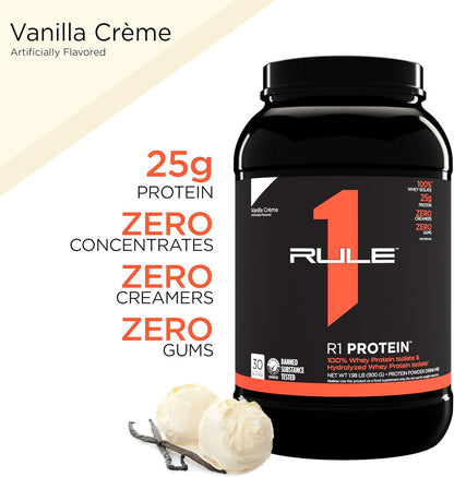 R1 Protein Powder - 25g, 100% Isolate, Hydrolysate, 6g BCAAs (2lbs, Vanilla Créme)