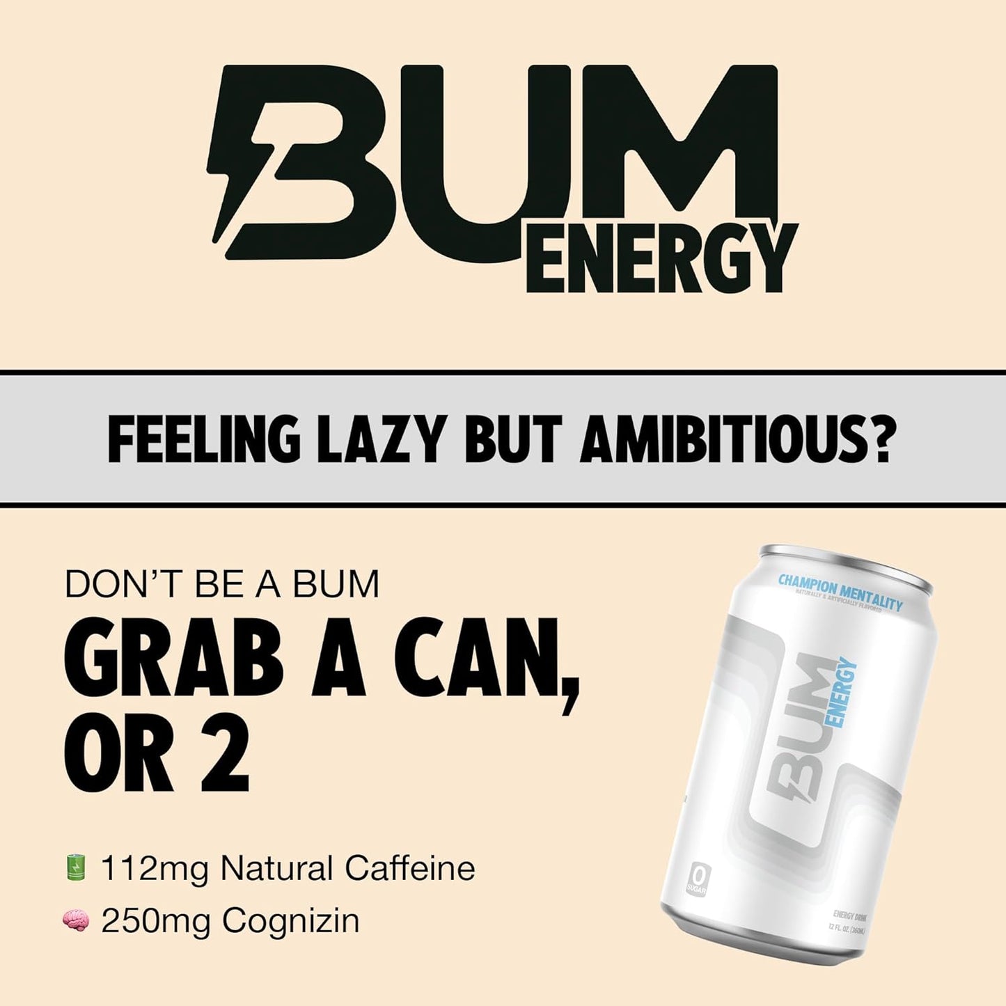 BUM Champion Mentality Sugar-Free Energy Drink (12 oz, Pack of 12)