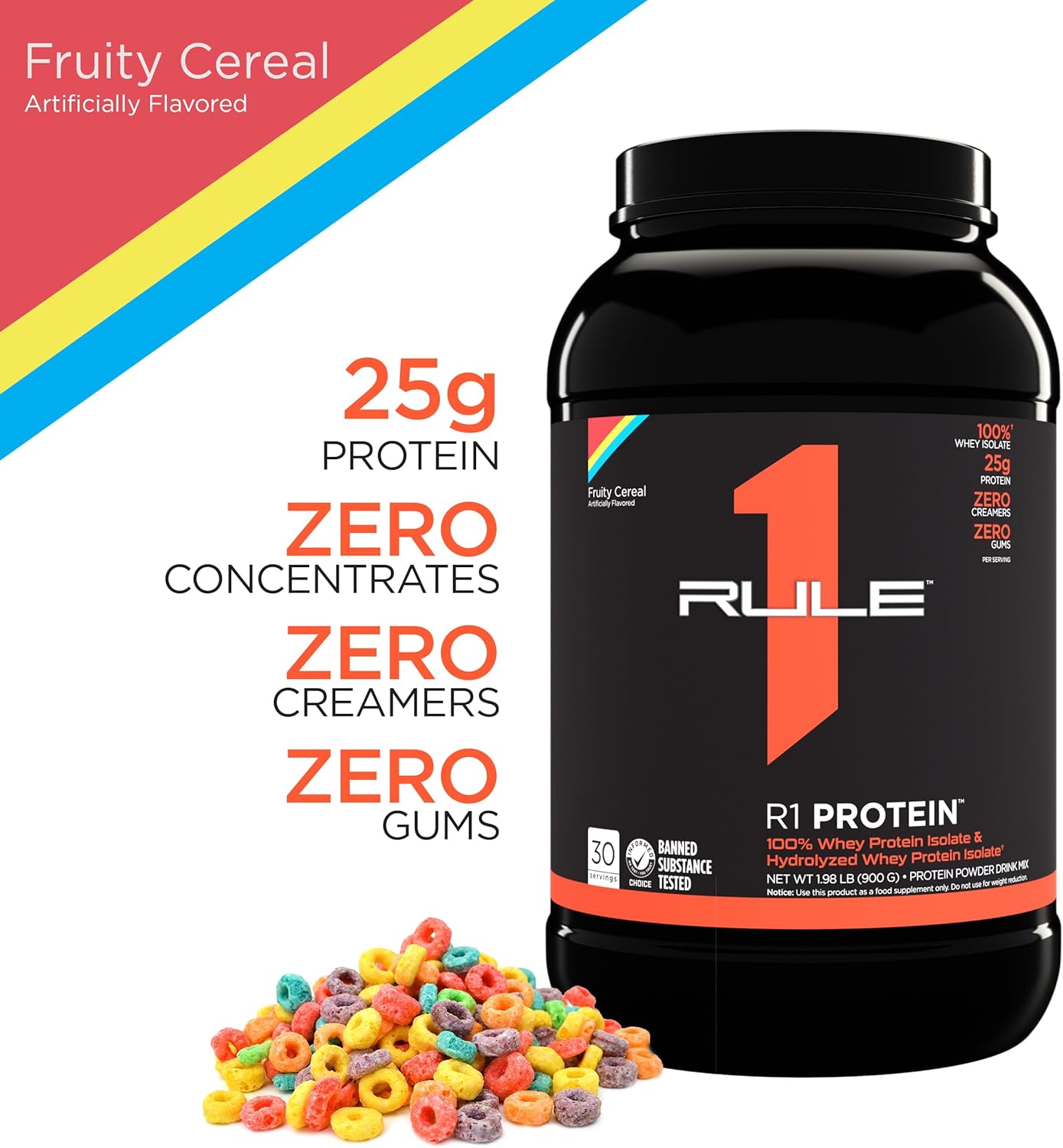R1 Protein Powder - 25g Fast-Acting, 100% Isolate with 6g BCAAs (2lbs, Fruity Cereal)