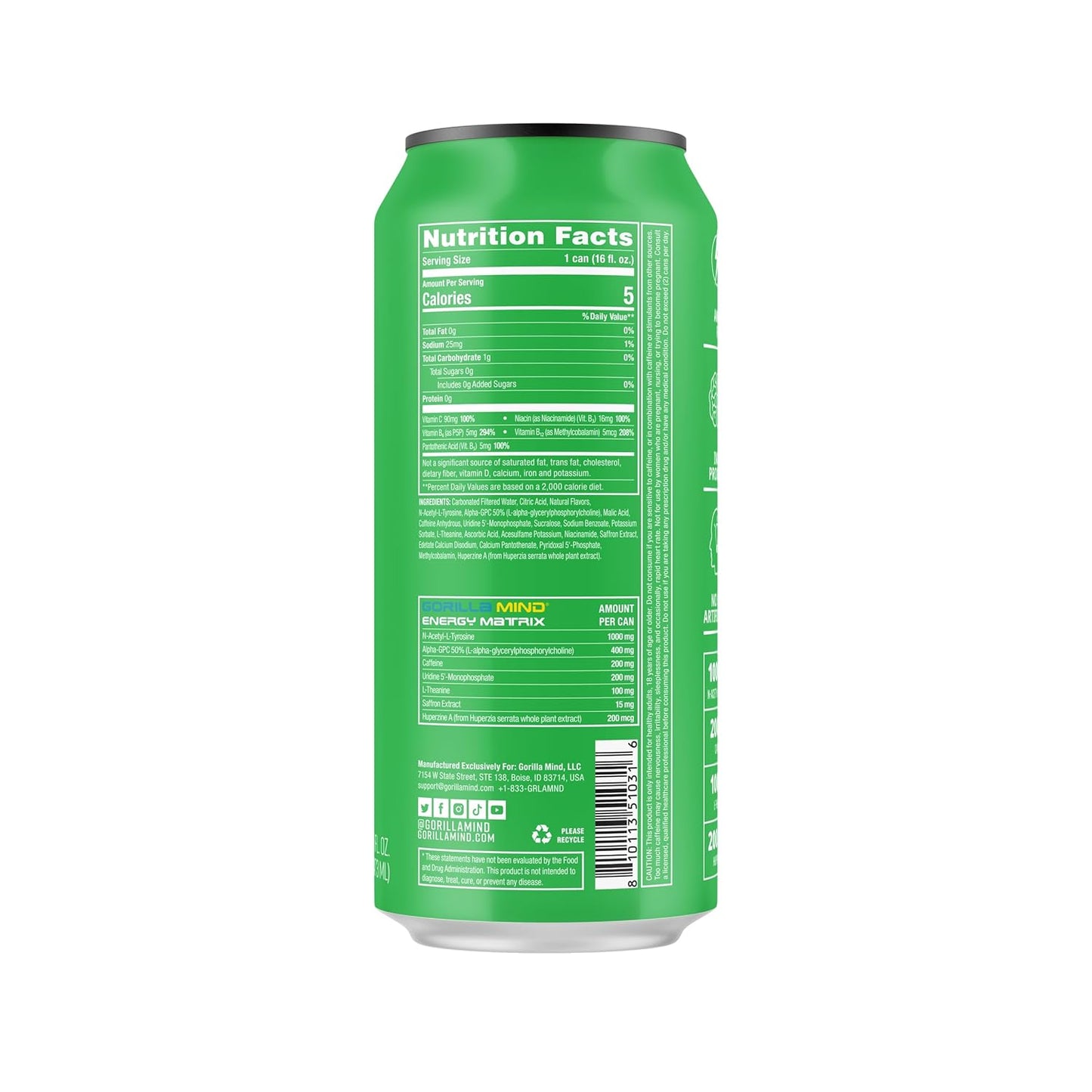 Gorilla Mind Energy Drink: Enhanced Focus, Zero Sugar (Exotic Kiwi, 16oz, 12-Pack)
