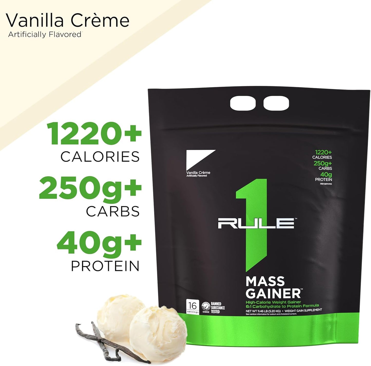 Rule One Mass Gainer - Vanilla Crème, 1220 Cal, 40g Protein (12 lbs, 16 Servings)