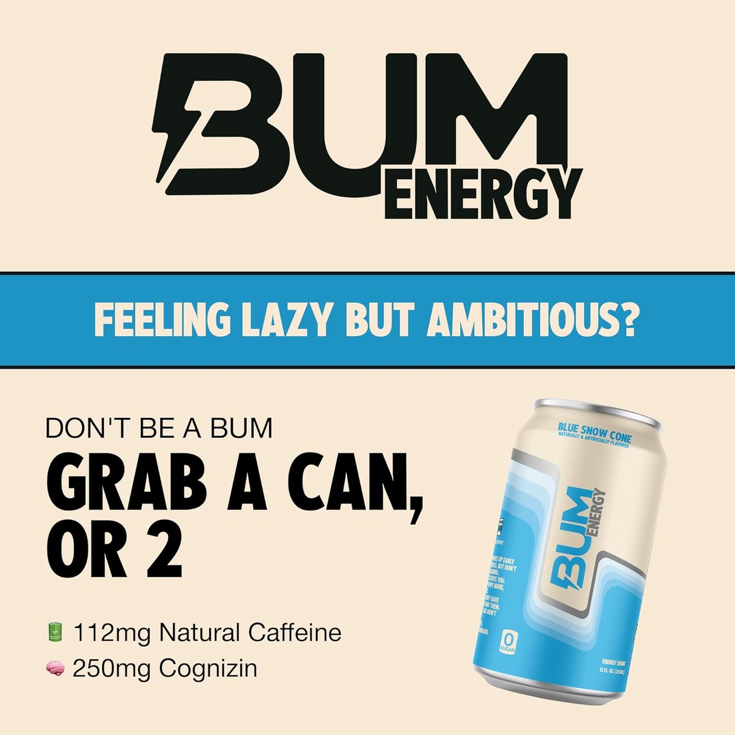 BUM Blue Snow Cone Sugar-Free Energy Drink (12 oz, Pack of 12)