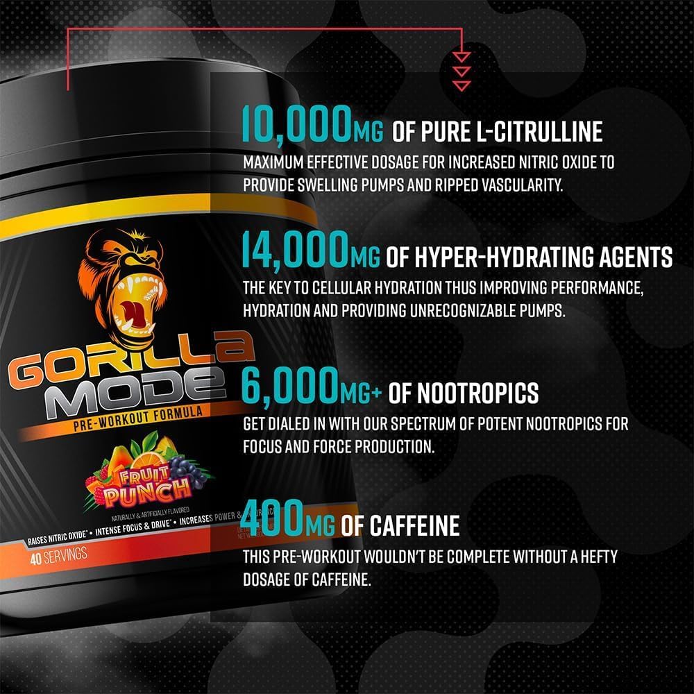 Gorilla Mode Pre-Workout for Pumps, Focus & Energy (786g, Cotton Candy Grape)