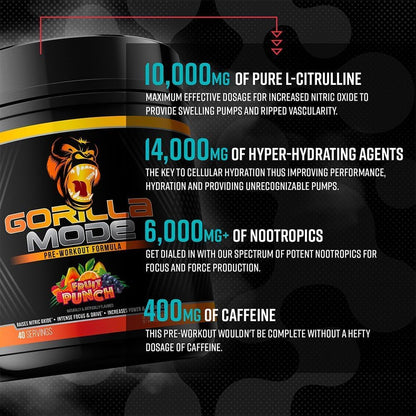 Gorilla Mode Pre-Workout for Pumps, Focus & Energy (786g, Cotton Candy Grape)